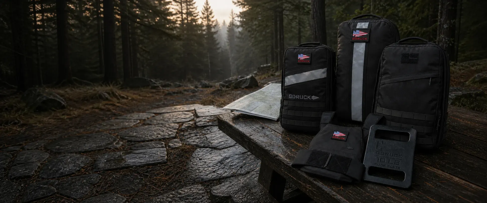 Illustrative GORUCK pack, vest, carrier, and plate lineup at a forest trailhead