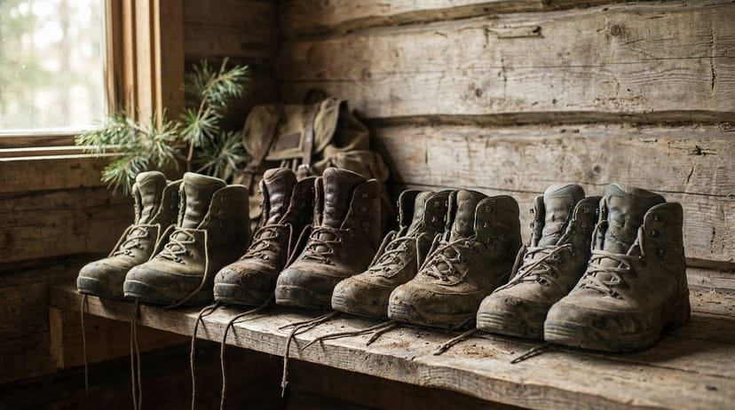 Four pairs of well-worn hiking boots and trail shoes lined up on a plank bench in a cabin mudroom, dried mud on the outsoles and laces trailing - the footwear category REI discounts every Labor Day