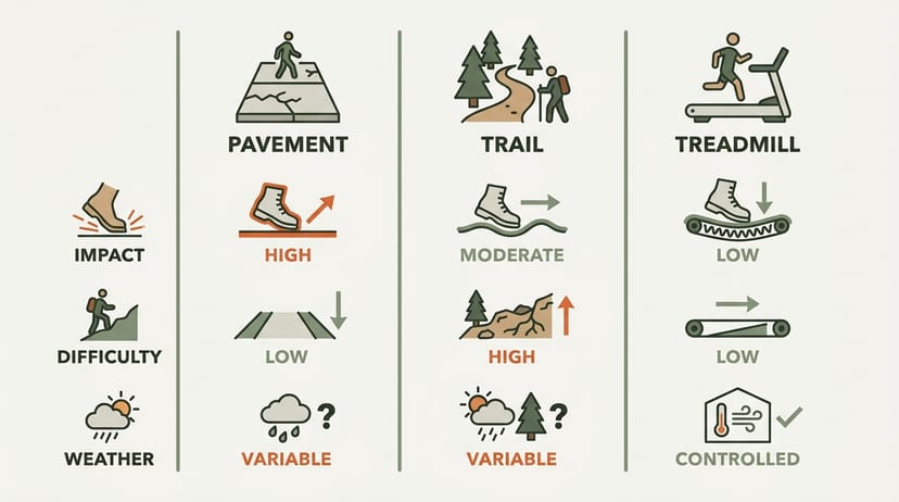 Three-column comparison of pavement, trail, and treadmill rucking across impact, difficulty, and weather