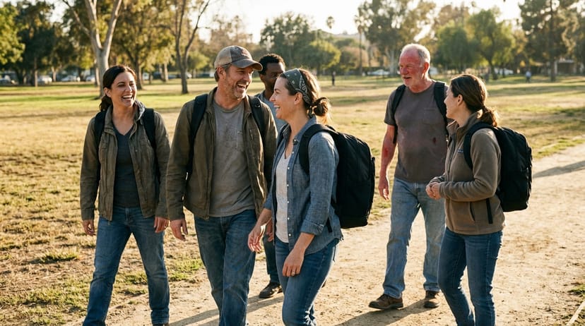 Group of people rucking together on a park trail at golden hour