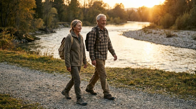 Older couple rucking together on scenic trail