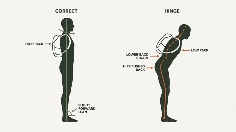 Diagram comparing correct tall rucking posture with a slight lean from the ankles against an incorrect waist hinge that strains the lower back