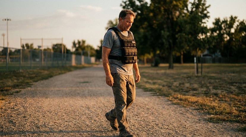 Weighted vest and supportive walking shoes laid out before a walk