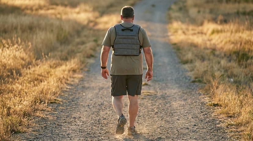Person walking briskly on trail wearing weighted vest