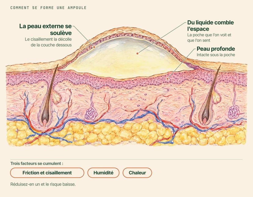 Coupe de la peau avec une ampoule de friction, légendée : la peau externe se soulève, du liquide comble l'espace et la peau profonde reste intacte dessous ; friction et cisaillement, humidité et chaleur la provoquent ensemble