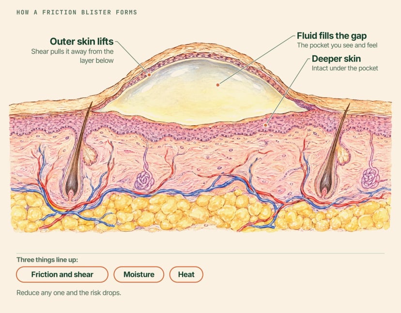 Cross-section illustration of skin with a friction blister, labelled: the outer skin lifts, fluid fills the gap, and the deeper skin stays intact below; friction and shear, moisture and heat together cause it