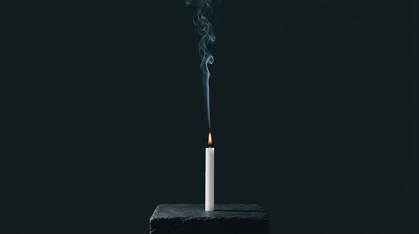 A single lit white candle on dark slate with a thin column of smoke twisting gracefully upward - the slow exhale of coherent breathing at 5-6 breaths per minute, rendered as graphic-editorial still life