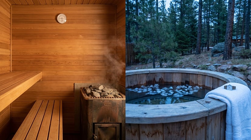 Diptych - left half shows the warm interior of a Finnish-style cedar sauna with steam rising from the stove, right half shows an outdoor weathered cedar cold plunge tub with floating ice cubes against a pine background - the two opposing autonomic stimuli