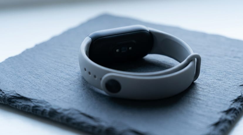 A consumer fitness tracker lying face-down on dark slate, sensor array facing up - the device as instrument, not status symbol