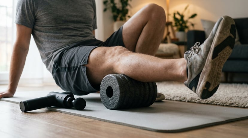 Person using a foam roller on the calf with a percussion massage device nearby