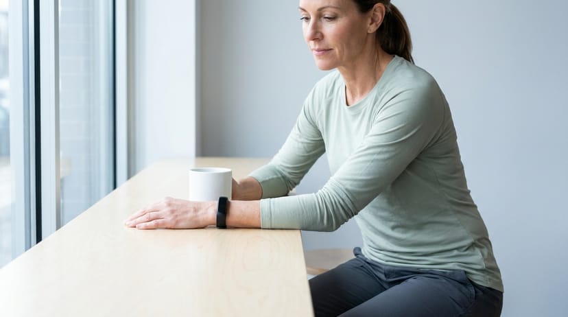 A fit-50s forearm rests palm-down on a pale birch cafe table beside a white ceramic mug, fitness tracker screen turned to the table - the quiet review posture, not the urgency check