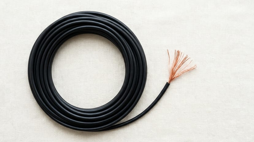 A coiled black data cable on cream linen with the cut end exposing a branching bundle of copper wires - clinical metaphor for the vagus nerve pathway under northern-window light