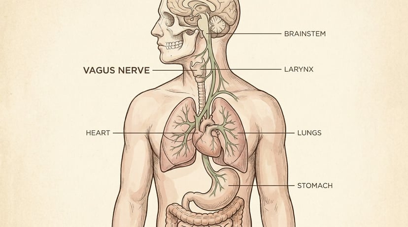 Medical illustration of the vagus nerve running from the brainstem to the heart, lungs, and stomach