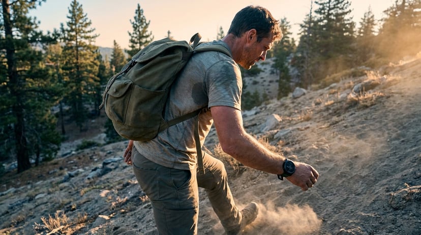 Rucker climbing a steep dirt switchback while wearing a GPS watch