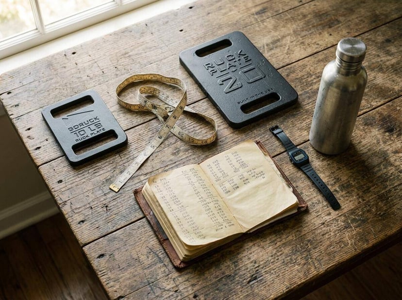 Flat lay of ruck plates, measuring tape, training notebook, and water bottle on a wooden table