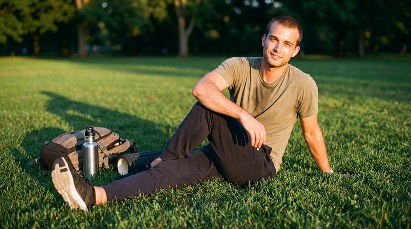 Man stretching on the grass after a ruck with his pack and water bottle beside him