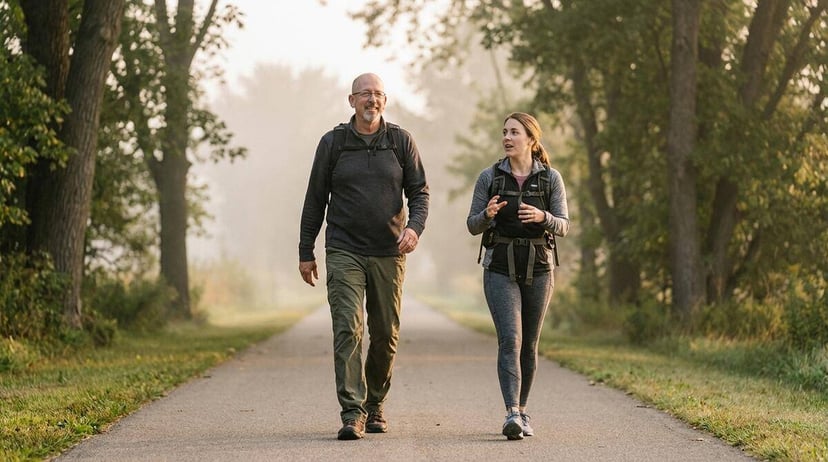 Older man and younger woman rucking together on a tree-lined greenway path