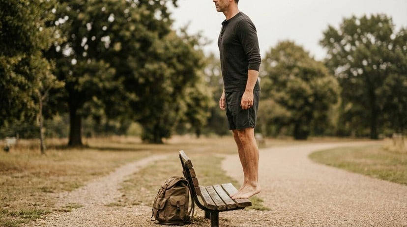 Man doing standing calf raises on a park bench before a ruck