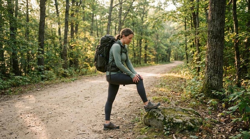 Woman paused on a forest trail checking her knee while wearing a loaded rucksack