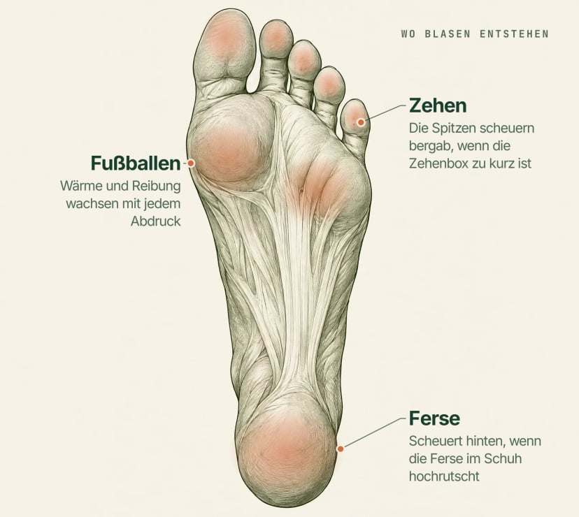 Diagramm der Fußsohle mit den häufigen Blasen-Druckstellen an Ferse, Fußballen und Zehen