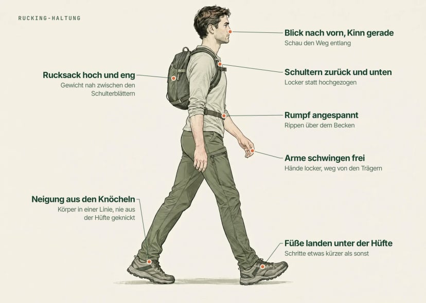 Beschriftete Zeichnung eines Ruckers: Schultern zurück und unten, Rucksack hoch auf dem Rücken, Rumpf angespannt, leichte Vorneigung aus den Knöcheln, natürlicher Schritt