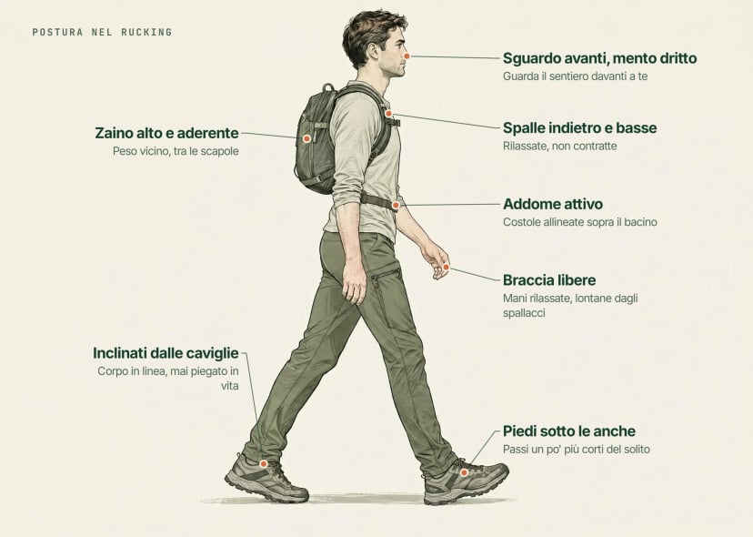 Disegno annotato di un rucker: spalle indietro e abbassate, zaino alto sulla schiena, core attivo, leggera inclinazione in avanti dalle caviglie, passo naturale