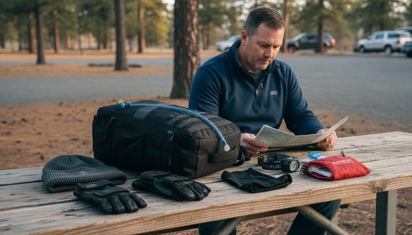 Rucker at a trailhead picnic table with a flat-lay of accessories: gloves, beanie, headlamp, hydration bladder, first aid kit, map