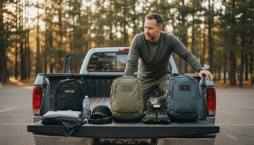 Three packs lined up on a truck tailgate with shoes and accessories - entry, mid-tier, and premium kits at three different price points
