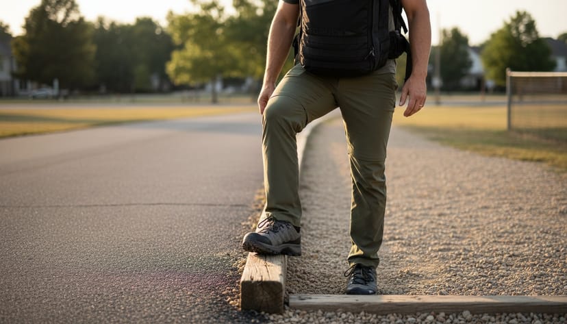 Rucker stepping over a curb edge in trail shoes - firm soles and 8 to 12mm drop is the rucking-shoe sweet spot