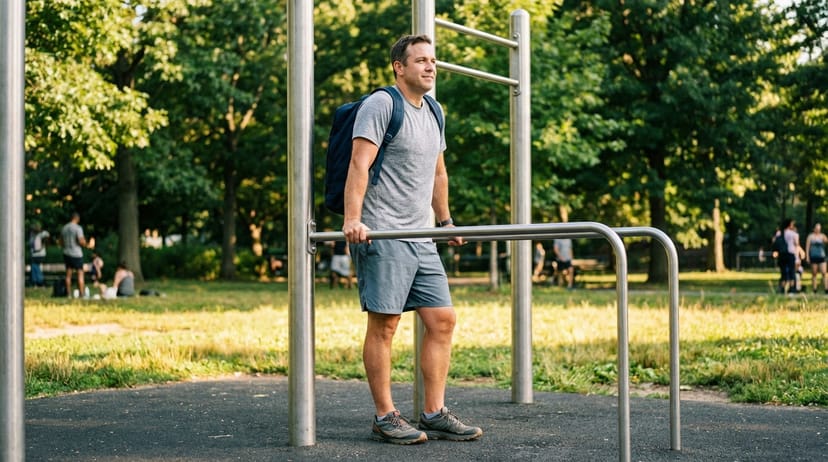 Rucker pausing at a calisthenics rig in a park, pairing rucking with strength work takes scheduling not guesswork