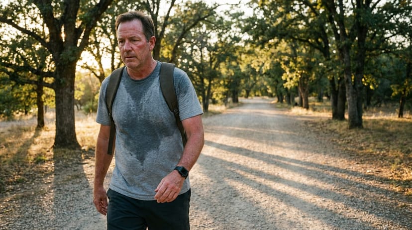Rucker walking a quiet road carrying a small daypack - the foundation of every program is consistent, structured time on feet