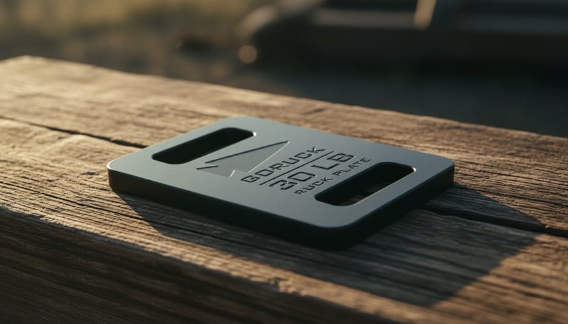 Primer plano de una placa de carga GORUCK sobre madera desgastada al atardecer - la densidad material que define la tolerancia de carga
