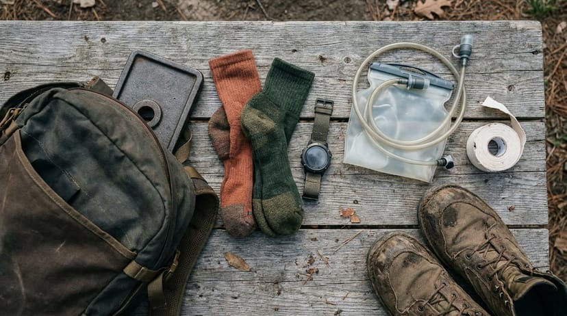 Overhead flat-lay on weathered barn wood of a full event kit: waxed canvas rucksack, flat weight plate, two pairs of merino hiking socks, GPS watch, hydration bladder with hose, roll of athletic tape, and muddy trail boots
