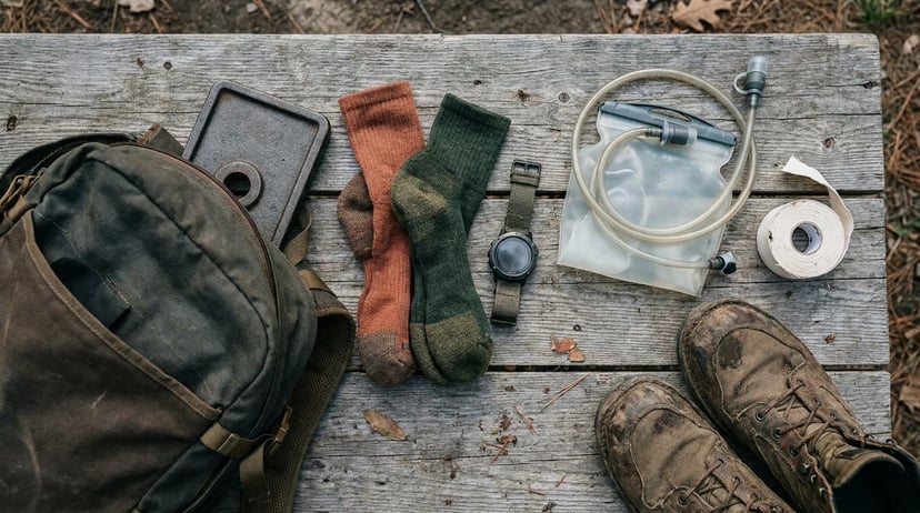 Event pack, socks, footwear, water, and reflective gear arranged for a shakedown