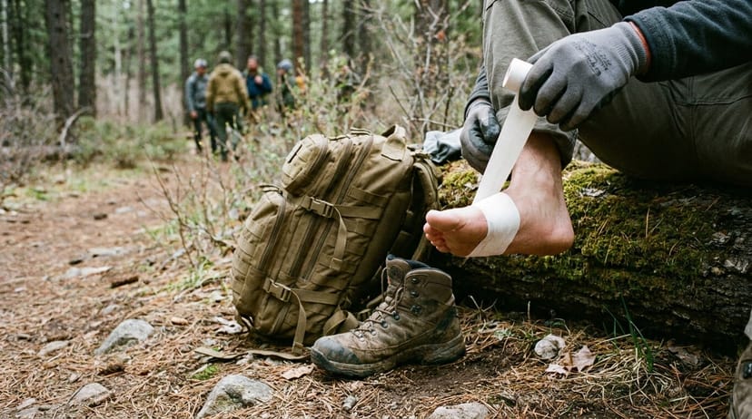 A rucker sitting on a mossy log trailside, boot off, taping the ball of one bare foot with athletic tape while the rest of the group walks on ahead - foot care treated as a training-block skill
