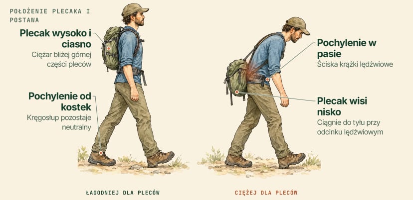 Ilustracja tej samej osoby dwa razy: po lewej plecak jest wysoko i ciasno, a pochylenie wychodzi od kostek; po prawej wisi nisko przy odcinku lędźwiowym, a osoba zgina się w pasie, co ściska krążki lędźwiowe