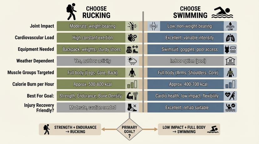 Choose rucking or swimming based on your goals