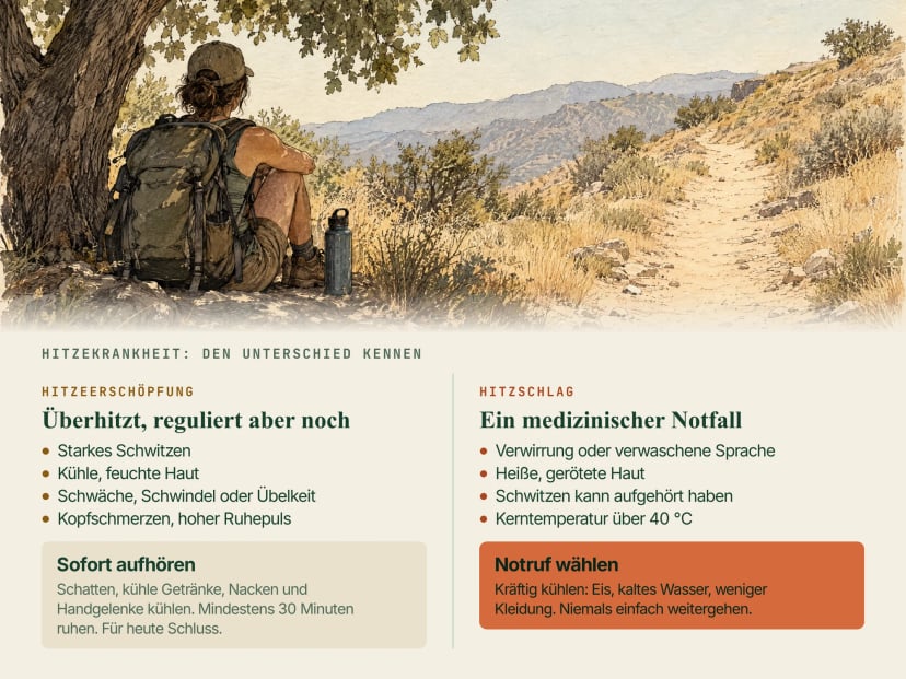 Illustration eines Ruckers, der im Baumschatten neben einem sonnigen Pfad rastet, mit zwei Feldern: Hitzeerschöpfung (starkes Schwitzen, kühle feuchte Haut, Schwindel oder Übelkeit: aufhören, Schatten, trinken, ruhen) und Hitzschlag (Verwirrung, heiße gerötete Haut, Schwitzen kann aufhören, über 40 °C: Notruf wählen und kräftig kühlen)
