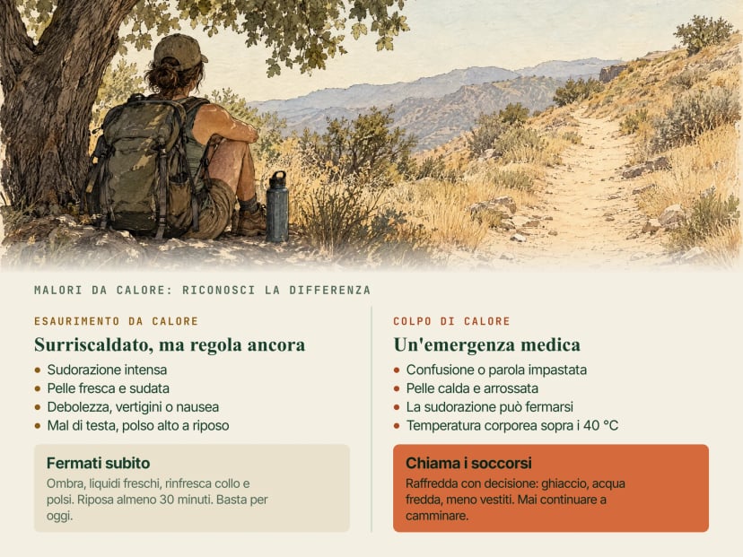Illustrazione di un rucker che riposa all'ombra di un albero accanto a un sentiero assolato, con due riquadri: esaurimento da calore (sudorazione intensa, pelle fresca e sudata, vertigini o nausea: fermarsi, ombra, bere, riposo) e colpo di calore (confusione, pelle calda e arrossata, la sudorazione può fermarsi, oltre 40 °C: chiamare i soccorsi e raffreddare con decisione)