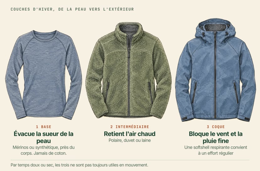 Illustration de trois vêtements de gauche à droite : un haut de couche de base fin qui évacue la sueur (mérinos ou synthétique, jamais de coton), une polaire intermédiaire qui retient l'air chaud et une softshell à capuche qui bloque le vent et la pluie fine