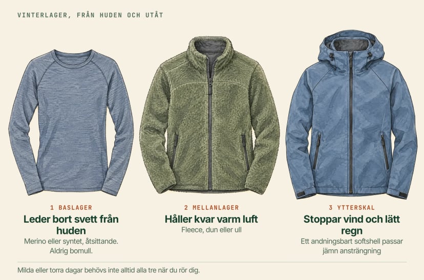 Illustration av tre plagg från vänster till höger: en tunn baslagertröja som leder bort svett från huden (merino eller syntet, aldrig bomull), ett mellanlager i fleece som håller kvar varm luft och ett softshell med huva som stoppar vind och lätt regn