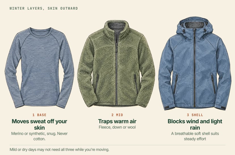 Illustration of three garments laid out left to right: a thin base layer top that moves sweat off the skin (merino or synthetic, never cotton), a fleece mid layer that traps warm air, and a hooded soft shell that blocks wind and light rain