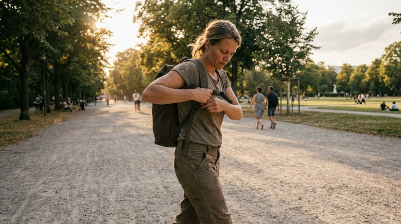 Eine Ruckerin, die Schulterriemen und Lastposition an einem angepassten Rucksack überprüft