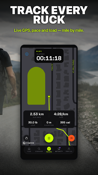 RUCKR Android app live ruck tracking screen showing GPS, pace, load, distance, elevation, and calories