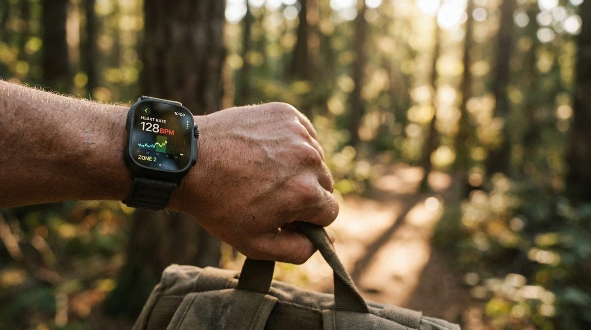 A person checking their smartwatch heart rate while rucking on a sunny day