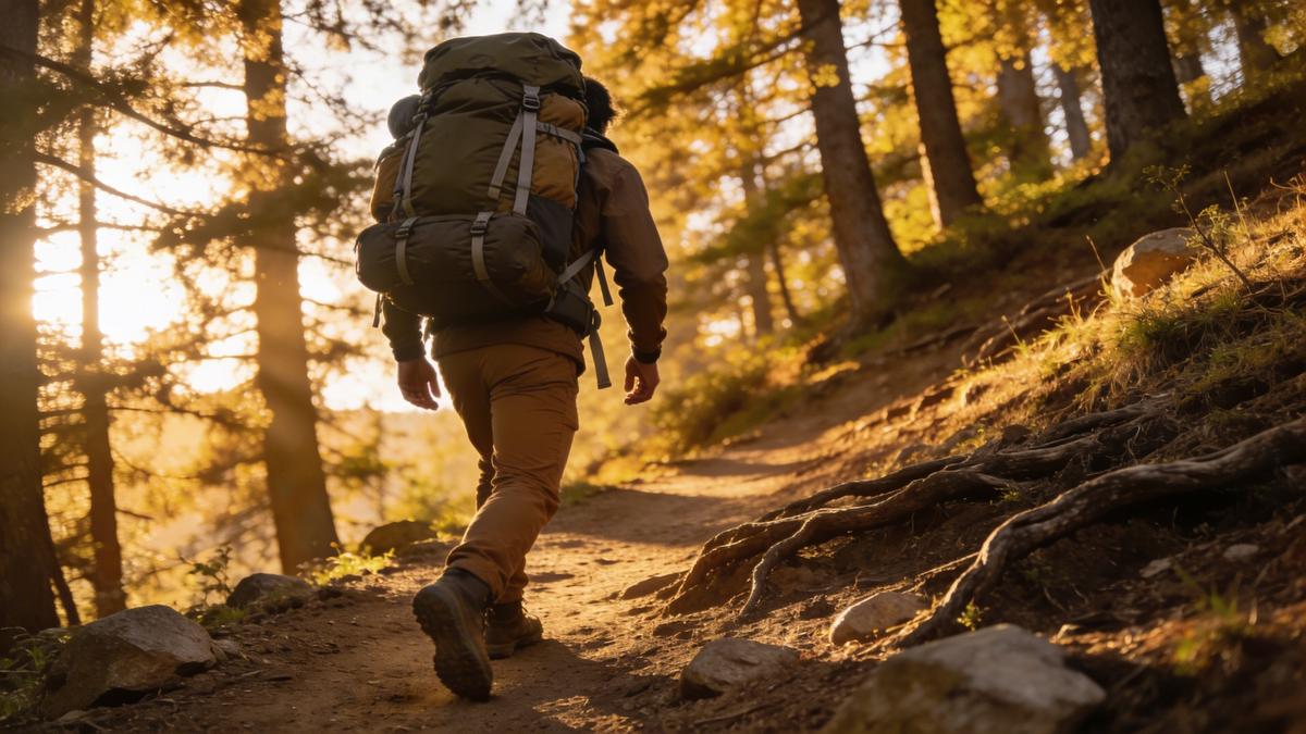 A hiker in a sage green ruck walking on a mountain trail with blue sky behind