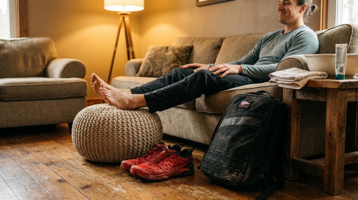 Feet elevated on couch after ruck