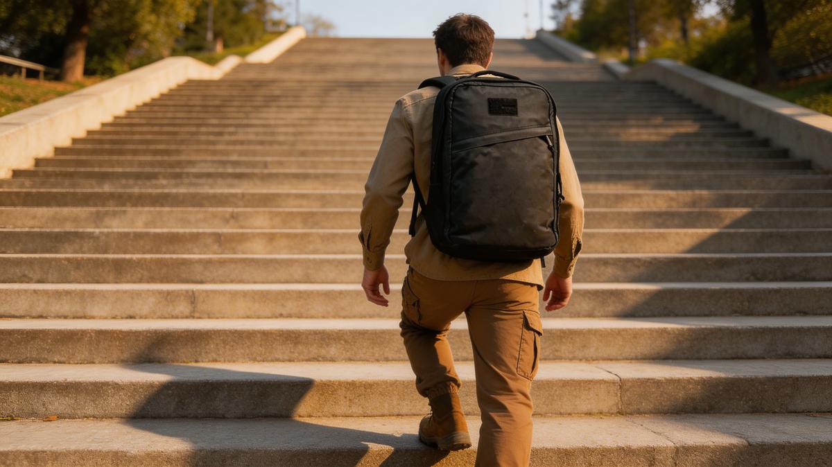 Rucking on stairs with a backpack during urban stair workout
