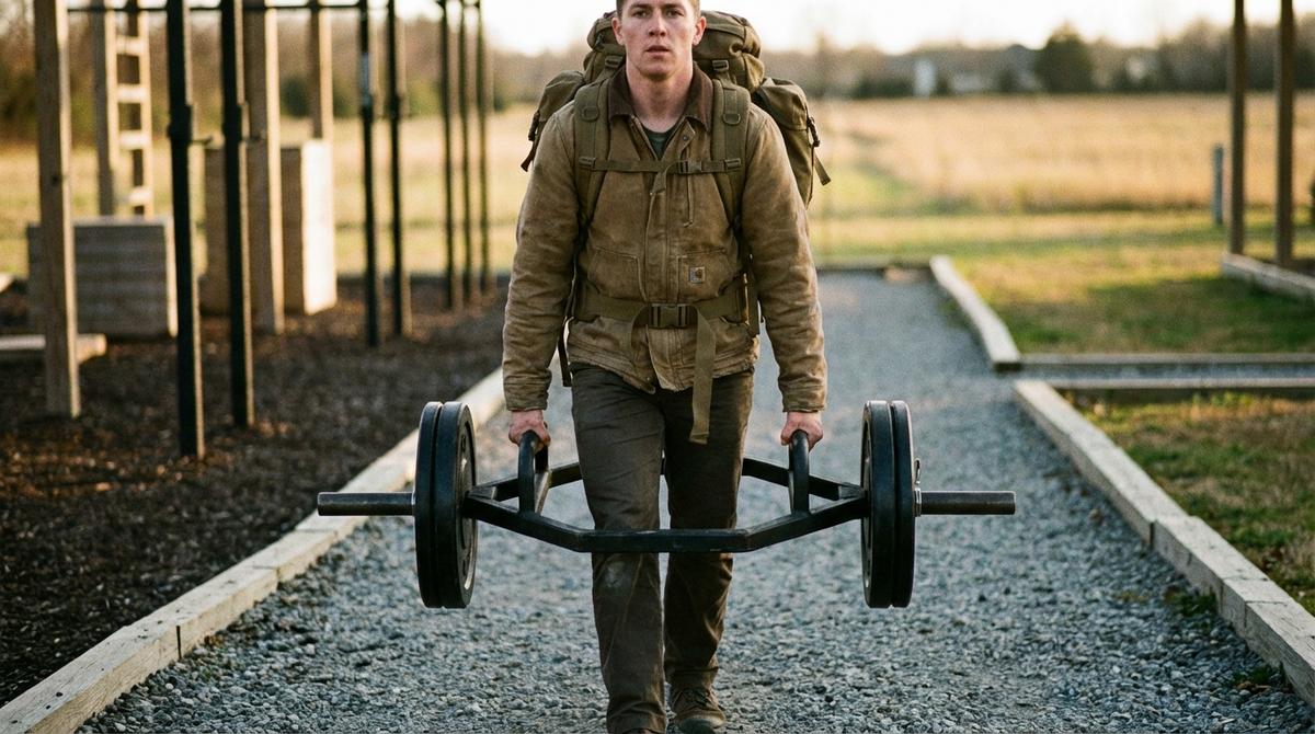 An athlete performing a farmer's carry with heavy dumbbells