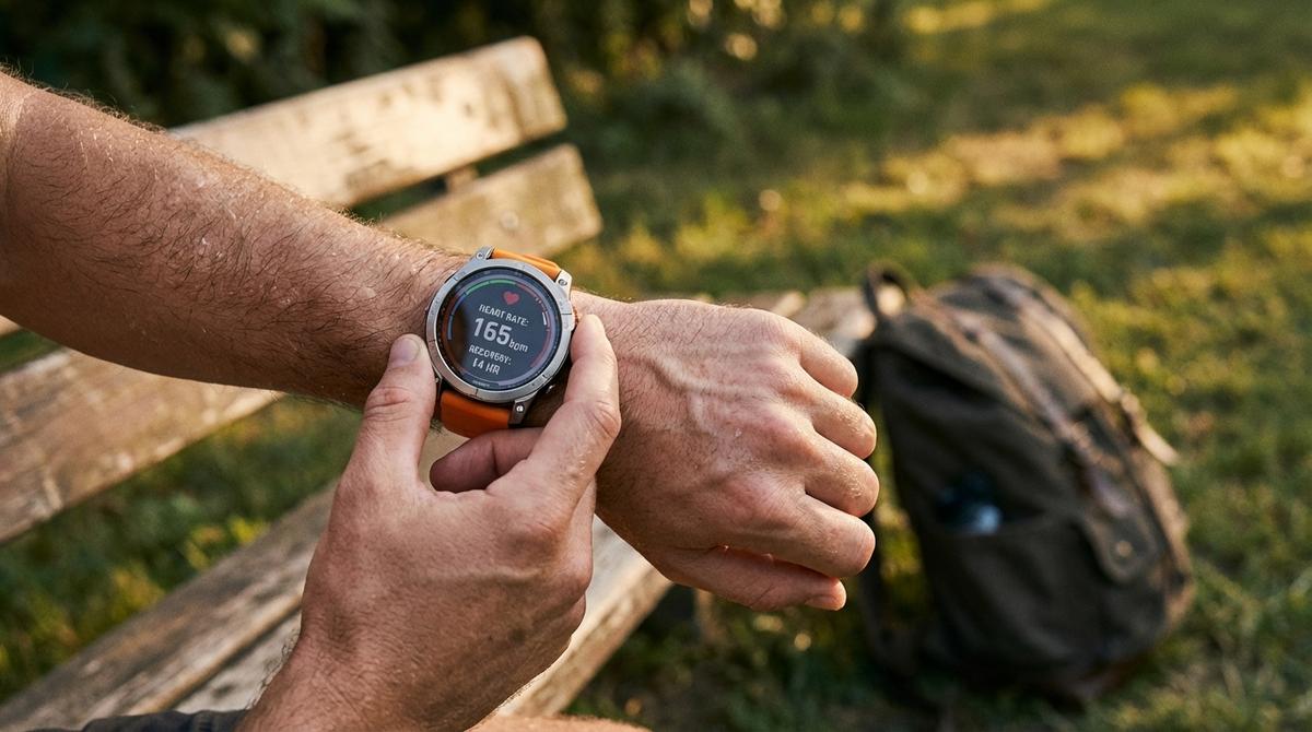 A person checking their heart rate on a smartwatch after a ruck